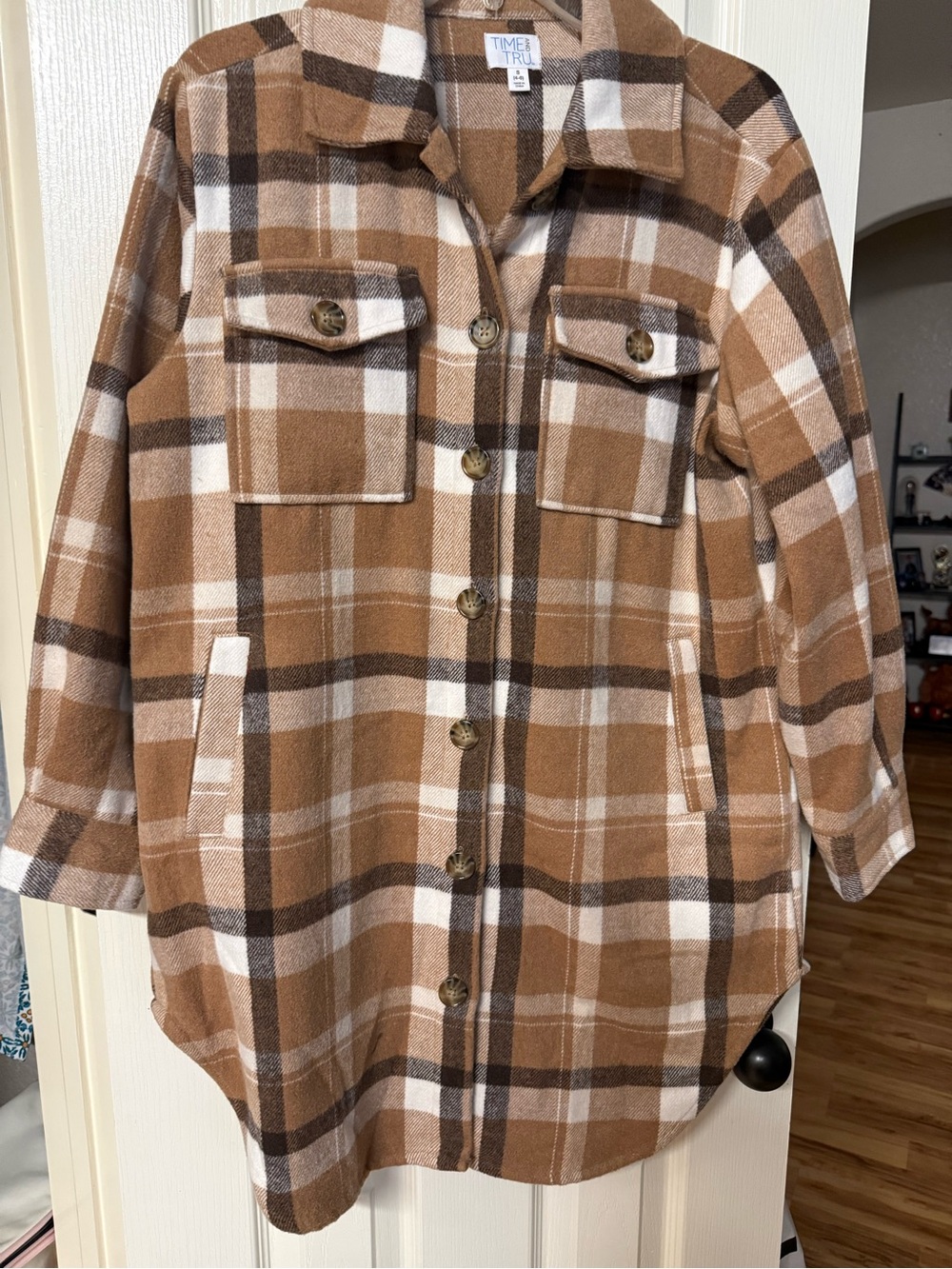 Time and Tru Tan and White Plaid Utility Shacket